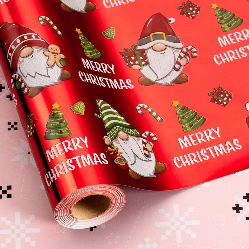Retrify Christmas Wrapping Paper - 17 Inch x 32.8 Feet Mini Roll - Cute Gnome Snowflake Metallic Red Gift Wrap Paper for Holiday Shower Party Celebration - Image 2